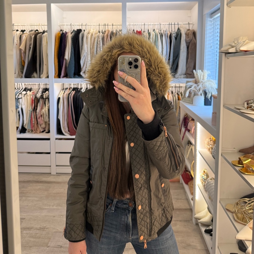 Express Olive Green Parka with Faux Fur Hood